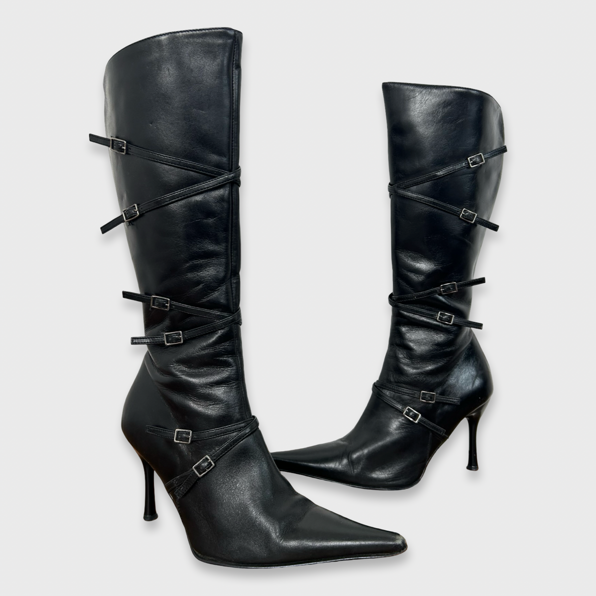 Vintage Black Leather Buckle Strap Pointed Heeled Boots - EUR 38