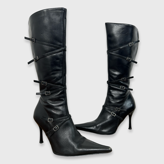 Vintage Black Leather Buckle Strap Pointed Heeled Boots - EUR 38