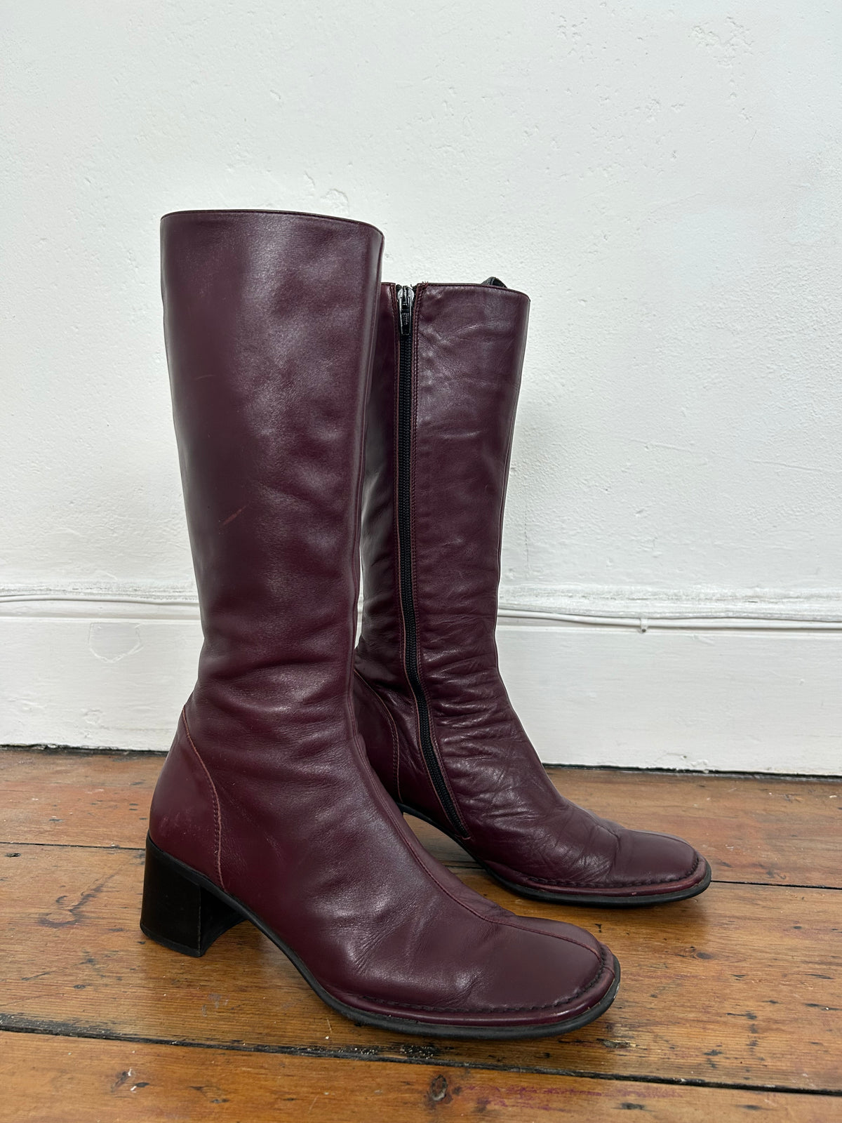 Vintage Burgundy Leather Square-Toe Heeled Boots - 38.5