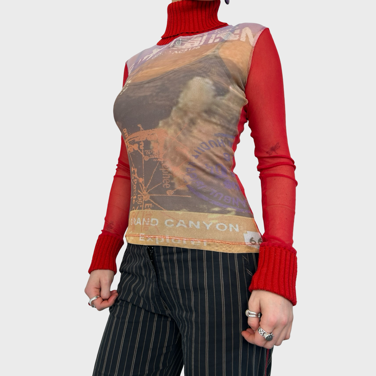 Vintage Red Graphic Mesh Long Sleeve Top - XS/S