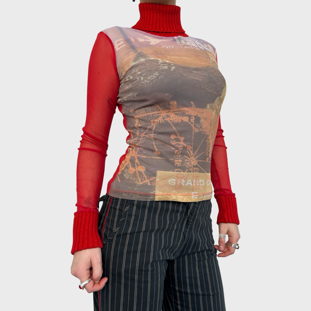 Vintage Red Graphic Mesh Long Sleeve Top - XS/S