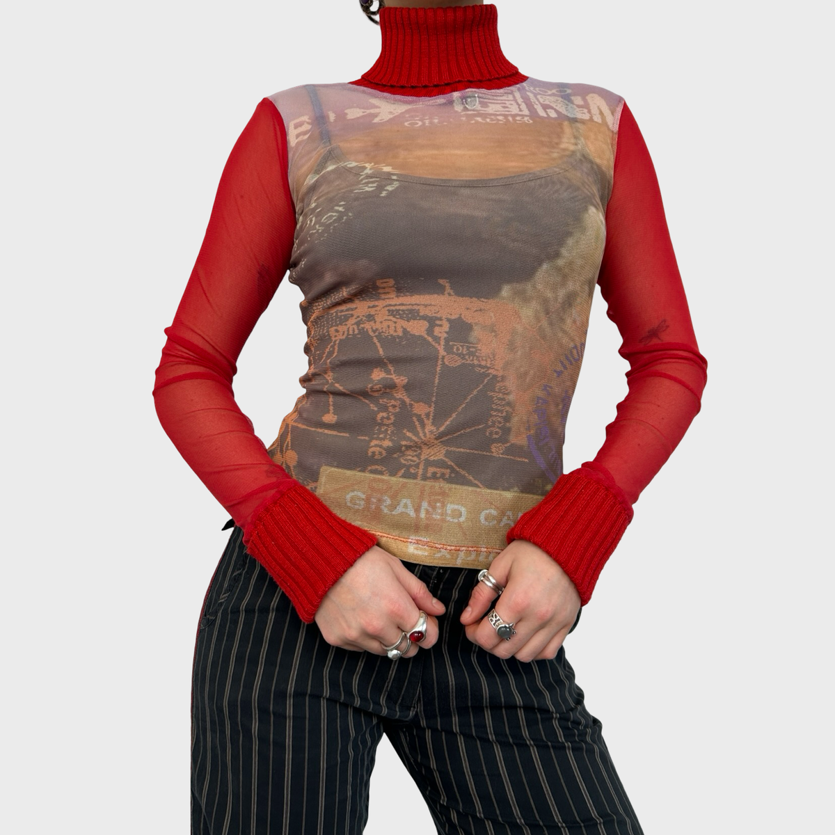 Vintage Red Graphic Mesh Long Sleeve Top - XS/S